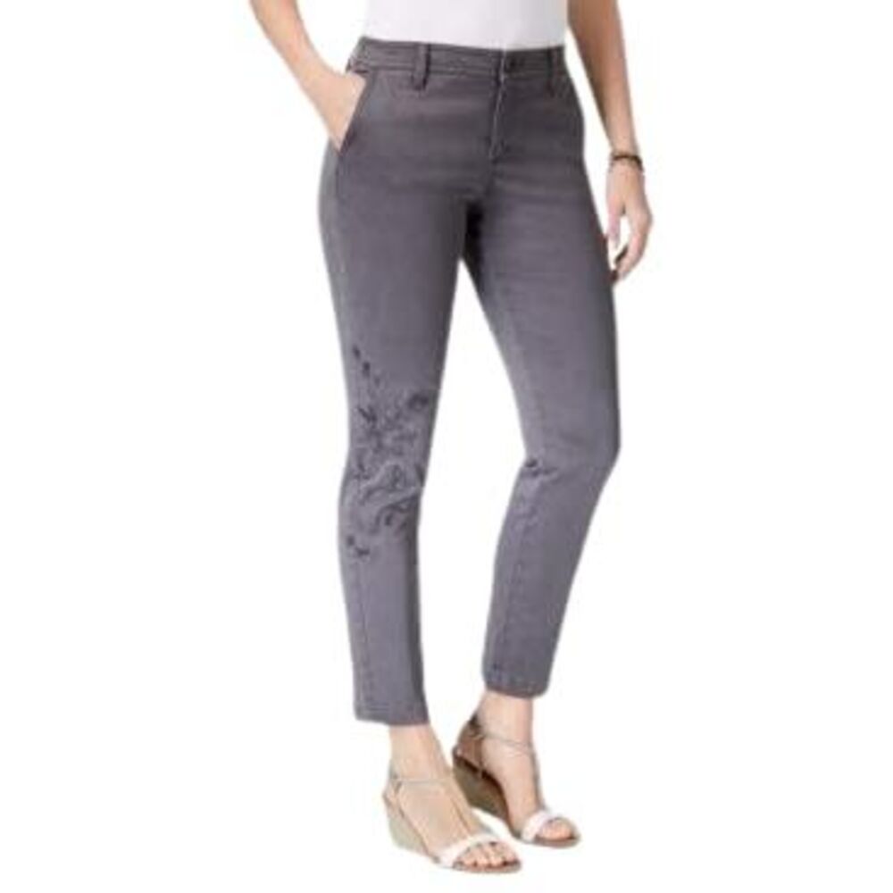 Style & Co. Womens Floral Embroidered Skinny Mid Rise Pants Graphite Grey10